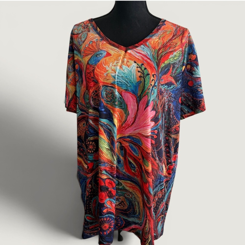 Misslook Peacock Art Print Womens V-Neck Tunic Top XL Grandmacore Y2K Colorful